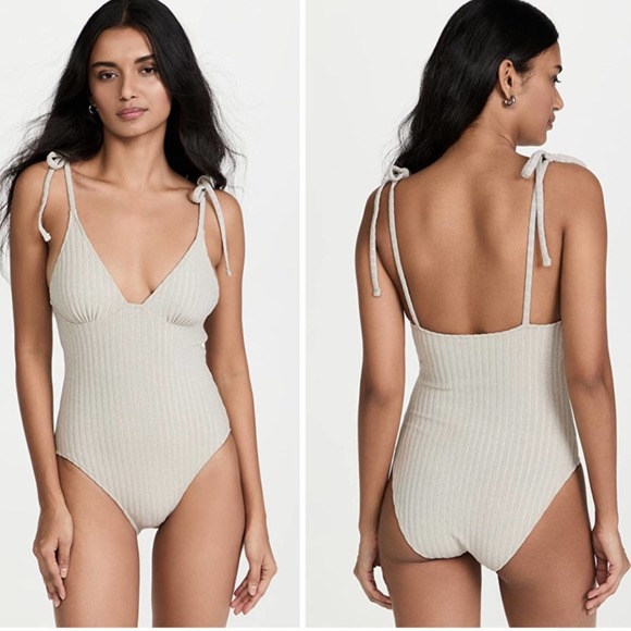 Solid & Striped The Olympia Solid Rib Silver One-Piece Shoulder Tie Swimsuit - Picture 1 of 6